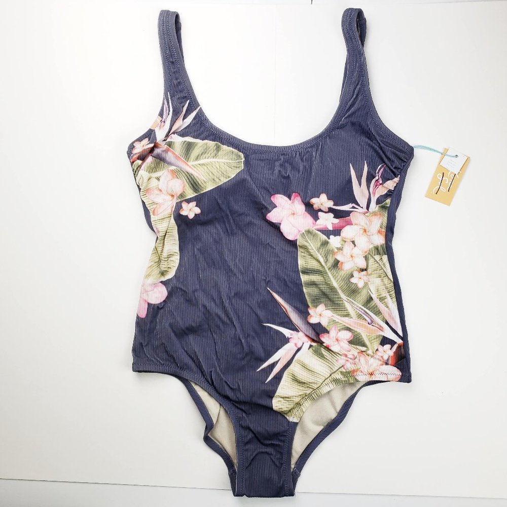 NEW Kona Sol Ribbed One Piece Swimsuit Gray Size Medium